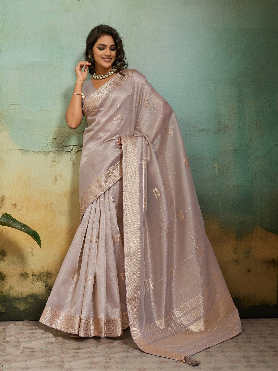 Lavender Tissue Infused Linen Silk Zari Woven Work Wedding Reception Party Festival Casual Heavy Border Sarees