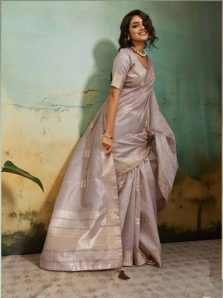 Lavender Tissue Infused Linen Silk Zari Woven Work Wedding Reception Party Festival Casual Heavy Border Sarees