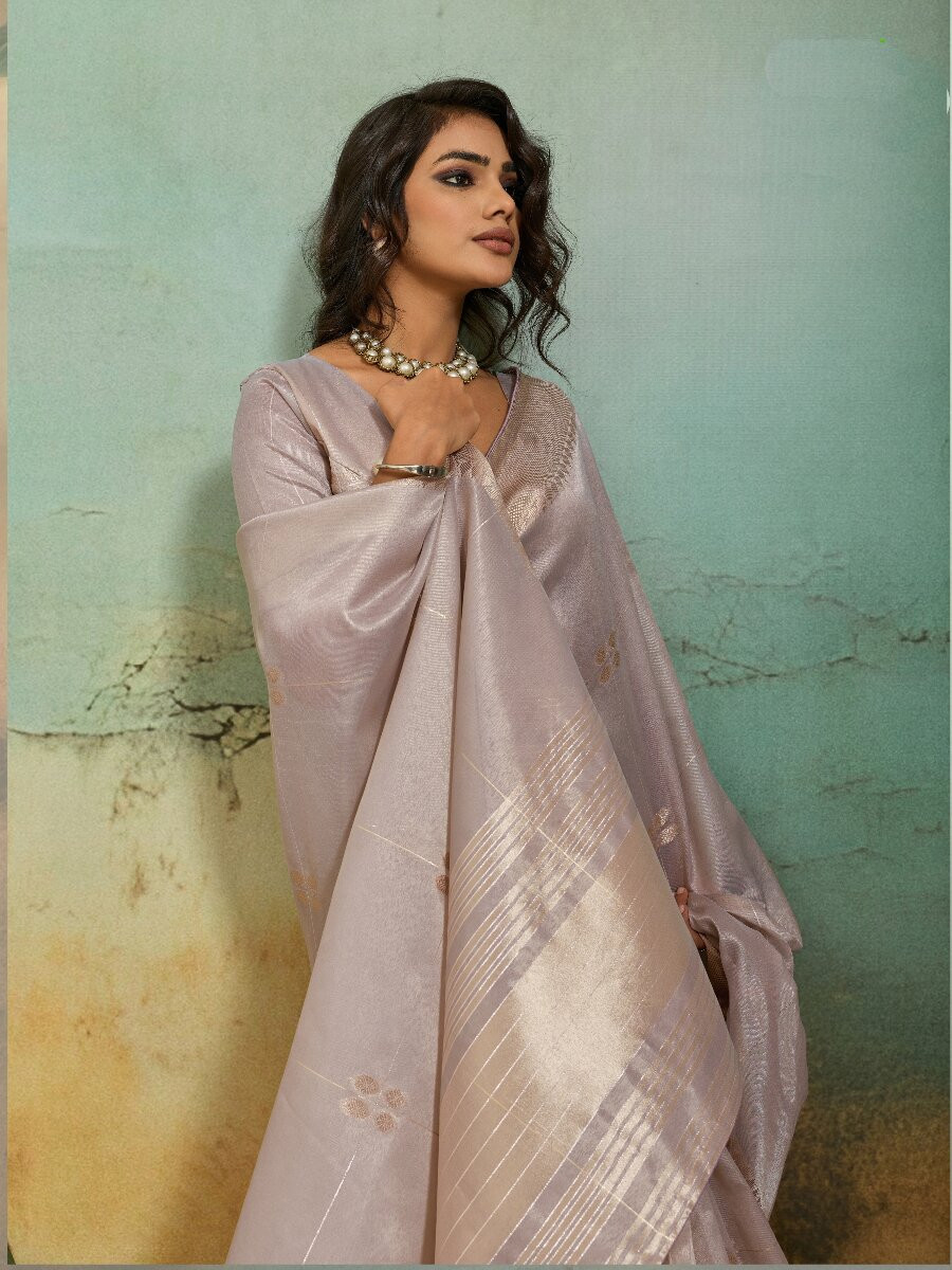Lavender Tissue Infused Linen Silk Zari Woven Work Wedding Reception Party Festival Casual Heavy Border Sarees