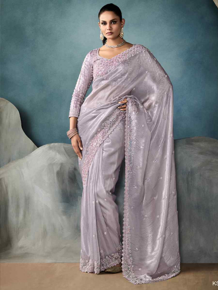 Lavender Tissue Silk Embroidered Festival Wedding Fancy Heavy Border Saree