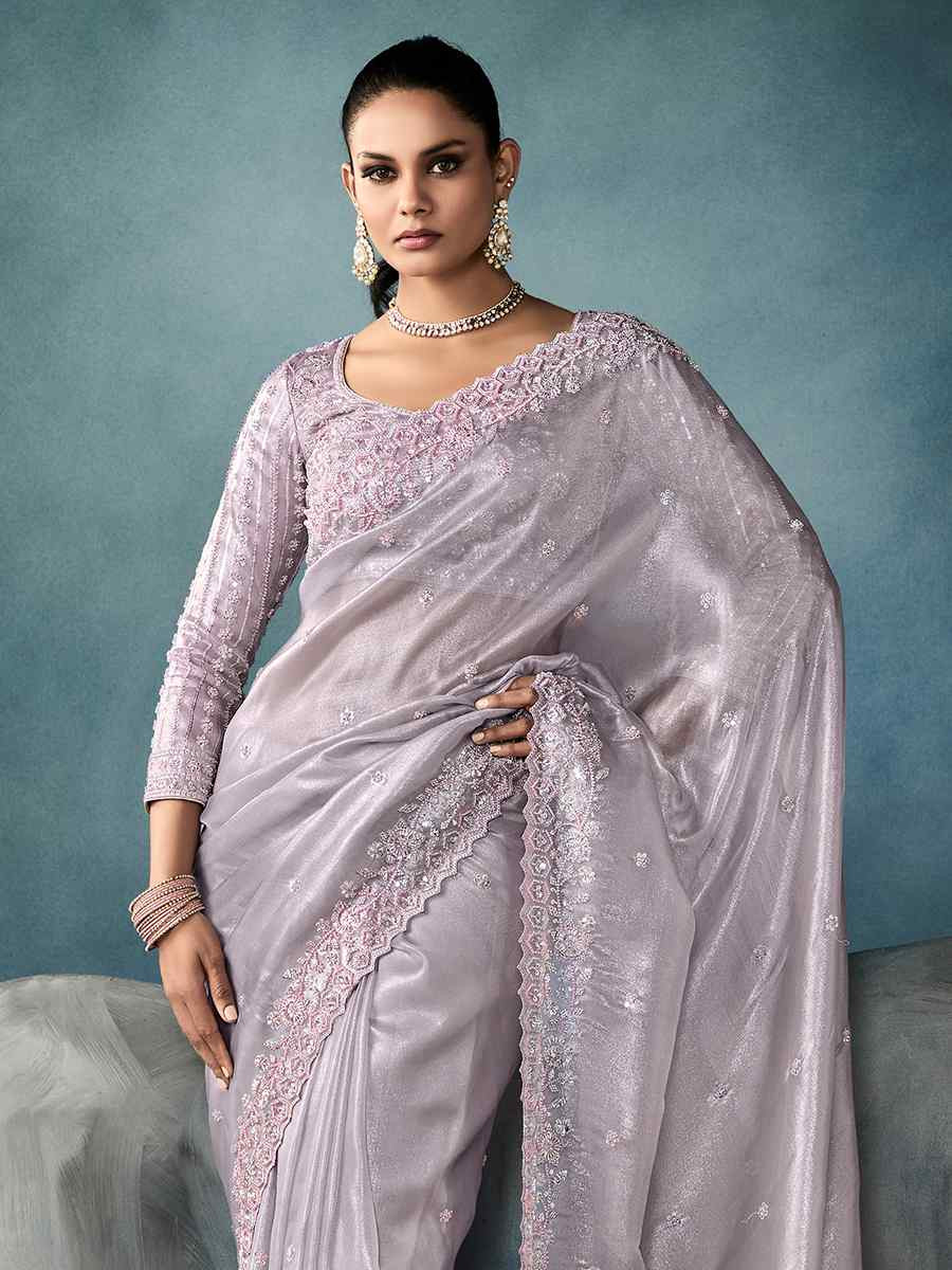 Lavender Tissue Silk Embroidered Festival Wedding Fancy Heavy Border Saree