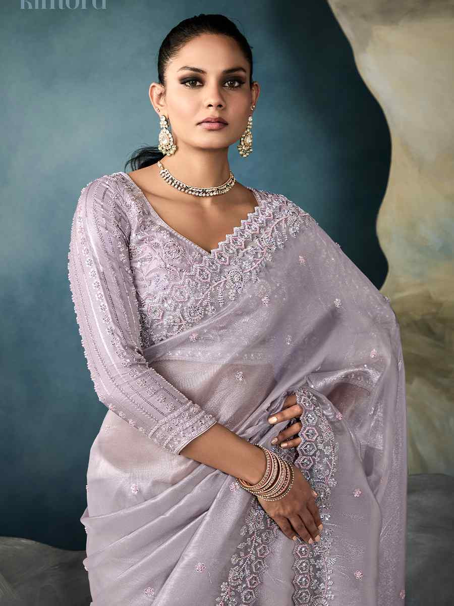 Lavender Tissue Silk Embroidered Festival Wedding Fancy Heavy Border Saree
