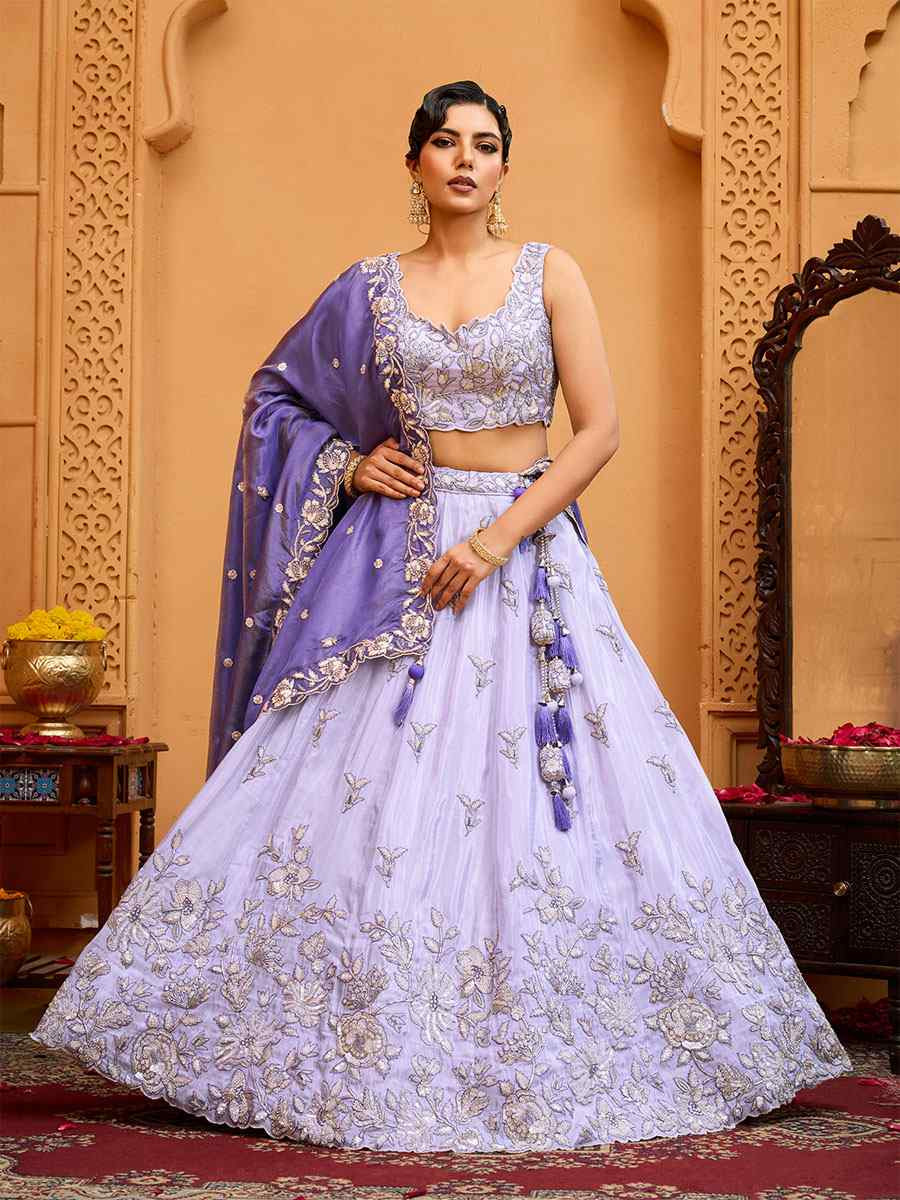 Lavender Tissue Silk Embroidered Wedding Reception Festival Heavy Border Lehenga Choli