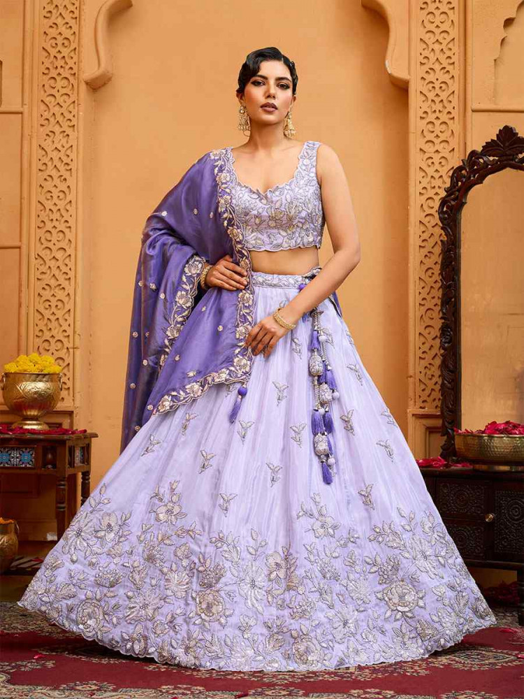 Image of Lavender Tissue Silk Embroidered Wedding Reception Festival Heavy Border Lehenga Choli