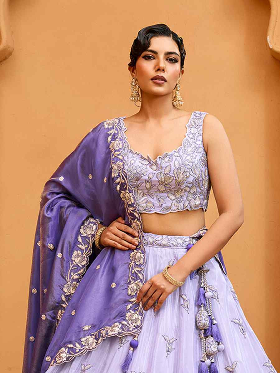 Lavender Tissue Silk Embroidered Wedding Reception Festival Heavy Border Lehenga Choli