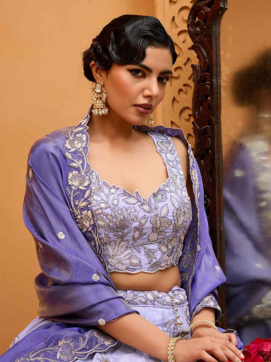 Lavender Tissue Silk Embroidered Wedding Reception Festival Heavy Border Lehenga Choli