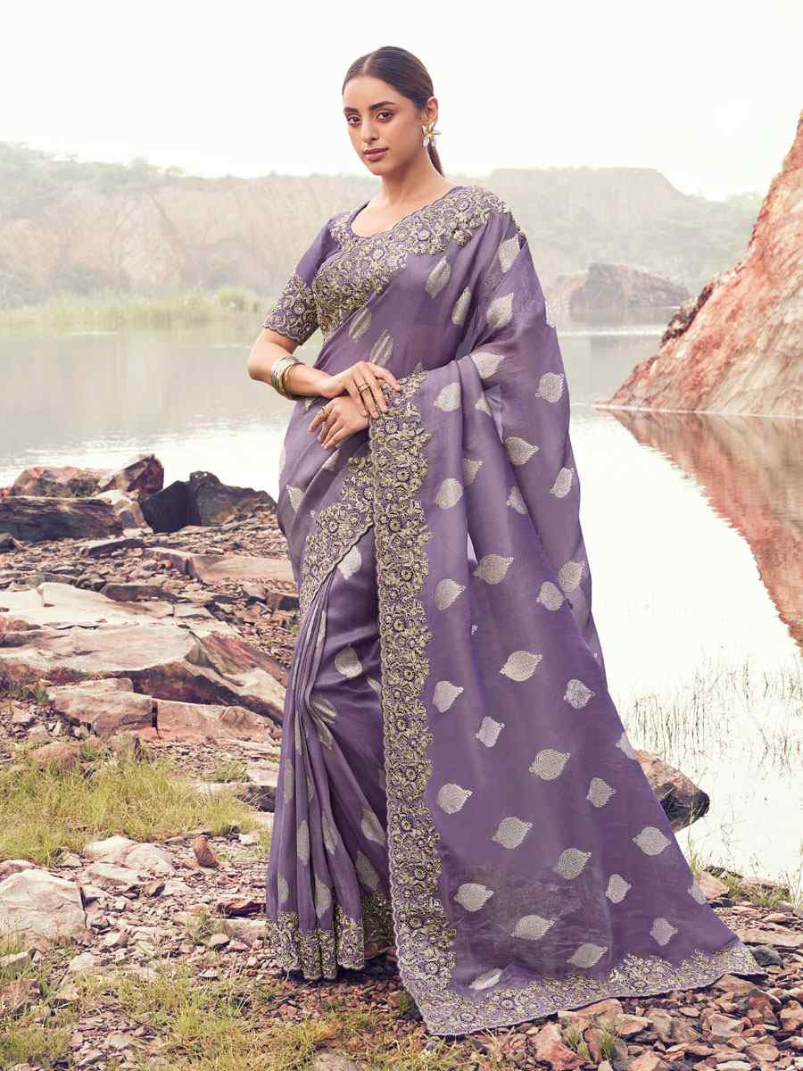 Lavender Tissue Silk With Jacquard Embroidery Bridal Reception Festival Wedding Fancy Heavy Border Saree