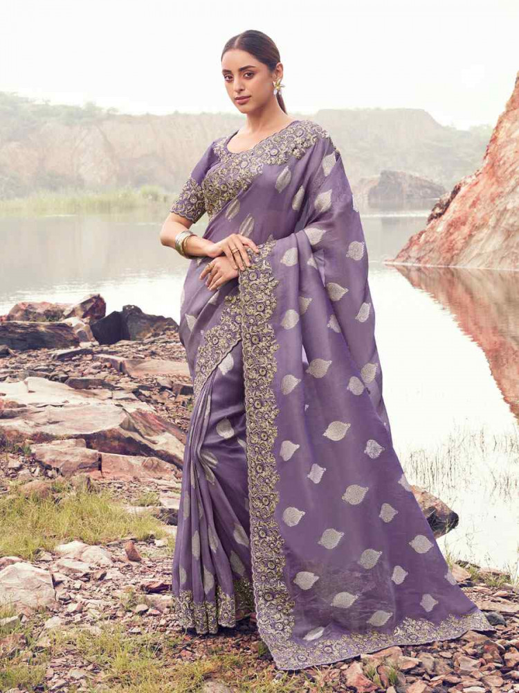 Image of Lavender Tissue Silk With Jacquard Embroidery Bridal Reception Festival Wedding Fancy Heavy Border Saree