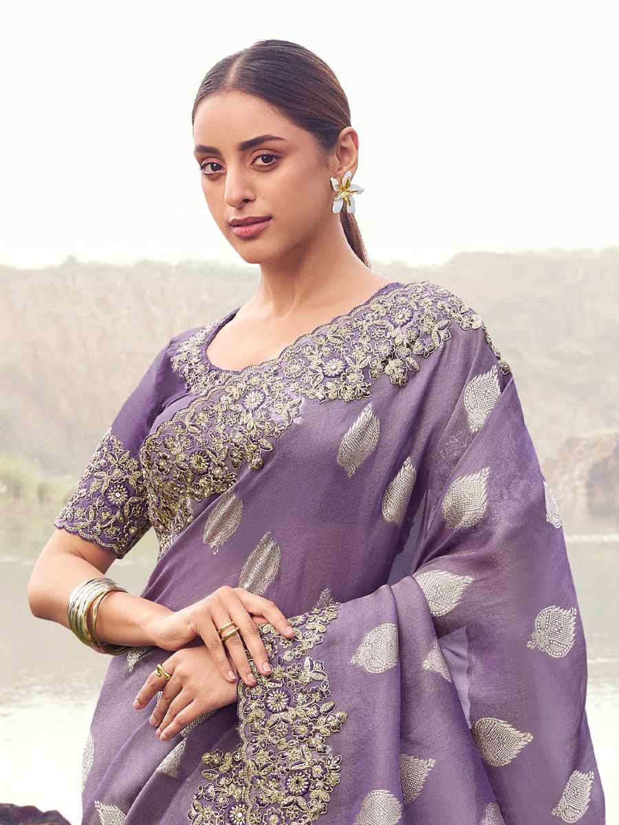 Lavender Tissue Silk With Jacquard Embroidery Bridal Reception Festival Wedding Fancy Heavy Border Saree
