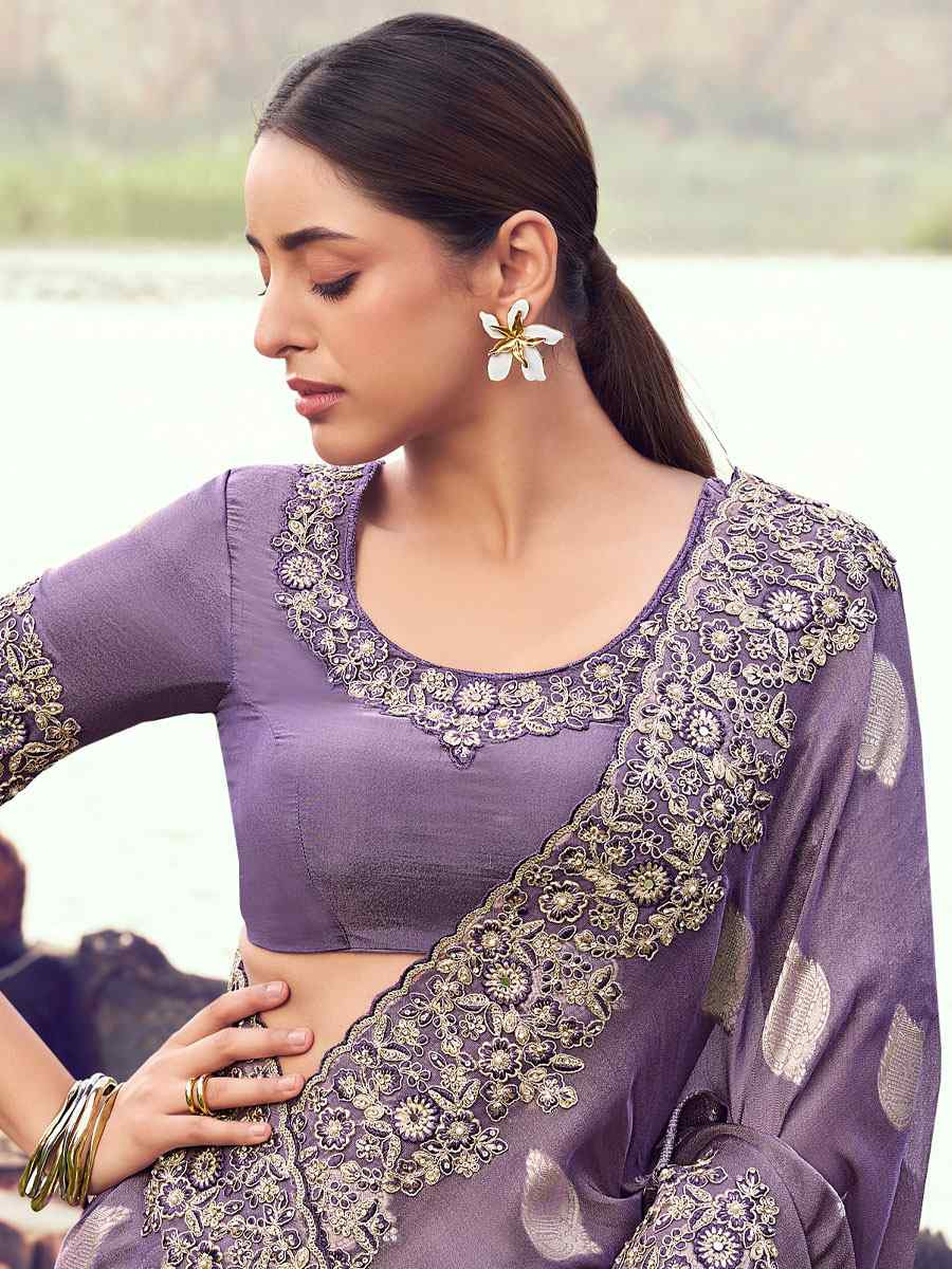 Lavender Tissue Silk With Jacquard Embroidery Bridal Reception Festival Wedding Fancy Heavy Border Saree