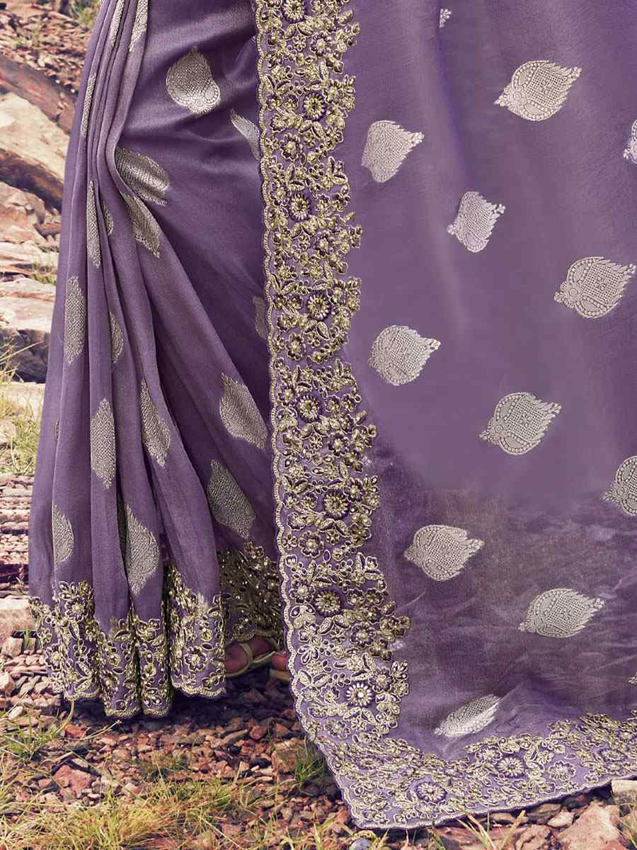 Lavender Tissue Silk With Jacquard Embroidery Bridal Reception Festival Wedding Fancy Heavy Border Saree