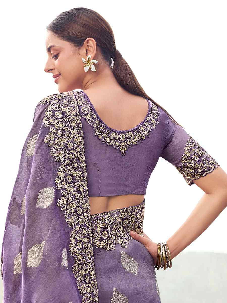 Lavender Tissue Silk With Jacquard Embroidery Bridal Reception Festival Wedding Fancy Heavy Border Saree