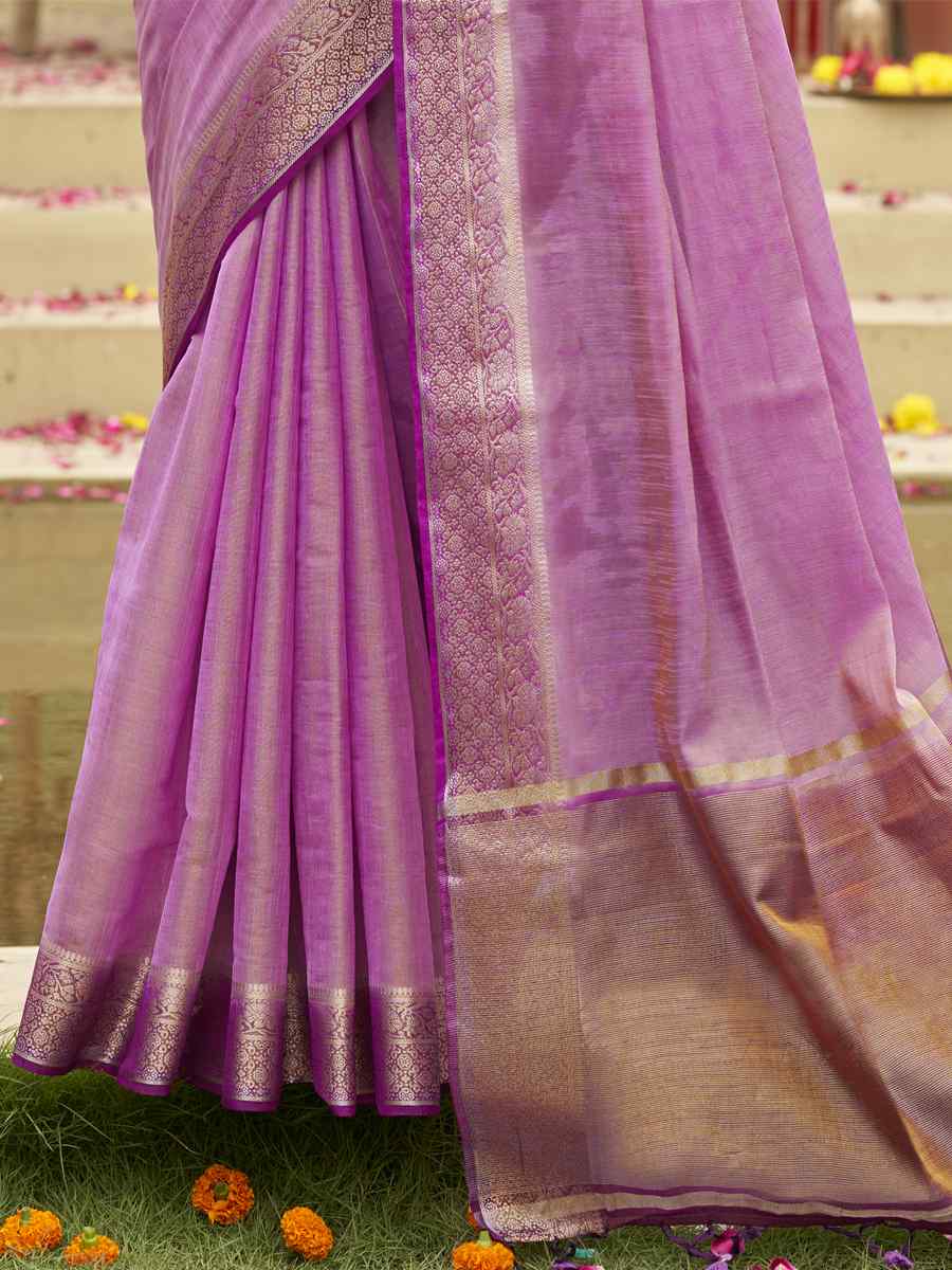 Lavender Tussar Silk Handwoven Wedding Festival Heavy Border Saree