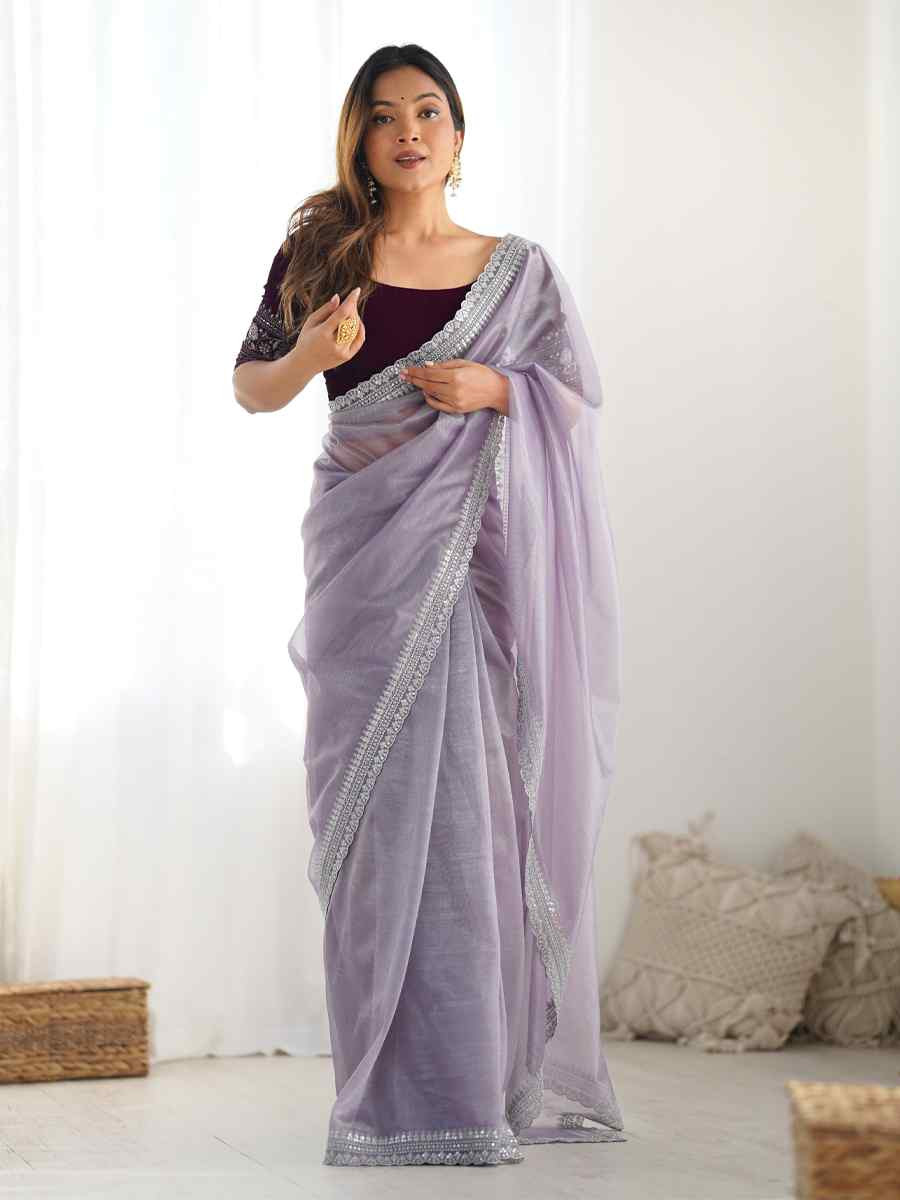 Lavender Twill Net Embroidered Festival Wedding Fancy Heavy Border Saree