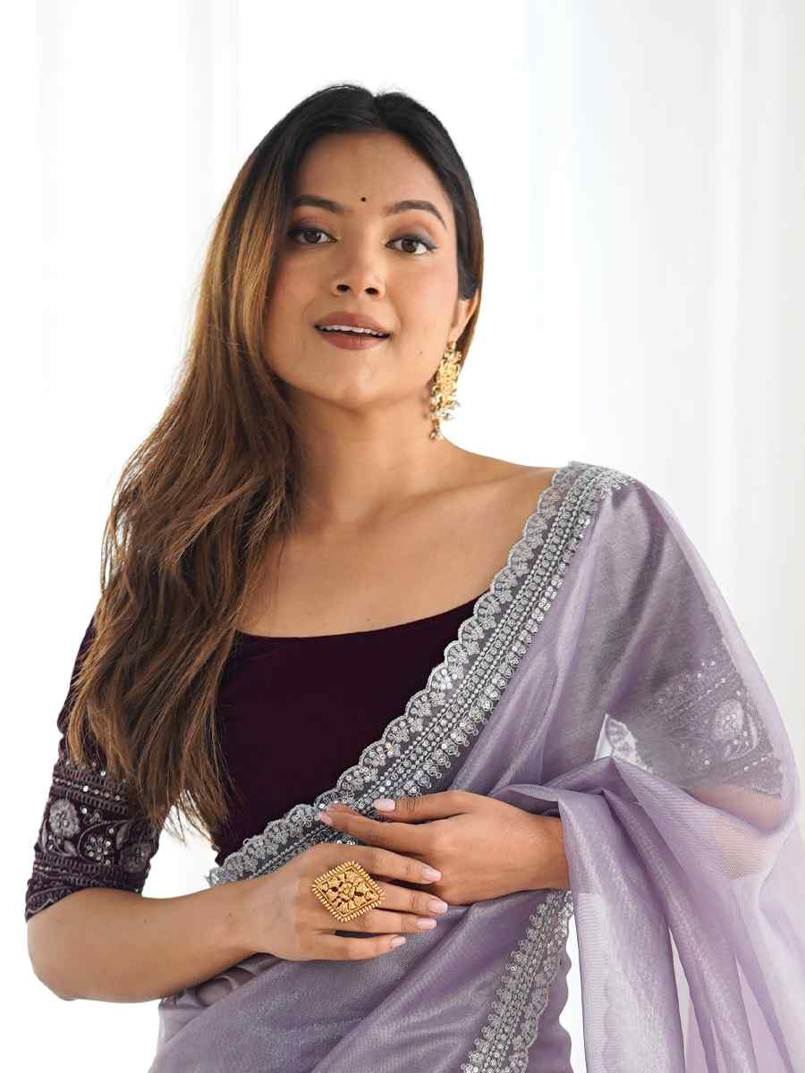 Lavender Twill Net Embroidered Festival Wedding Fancy Heavy Border Saree