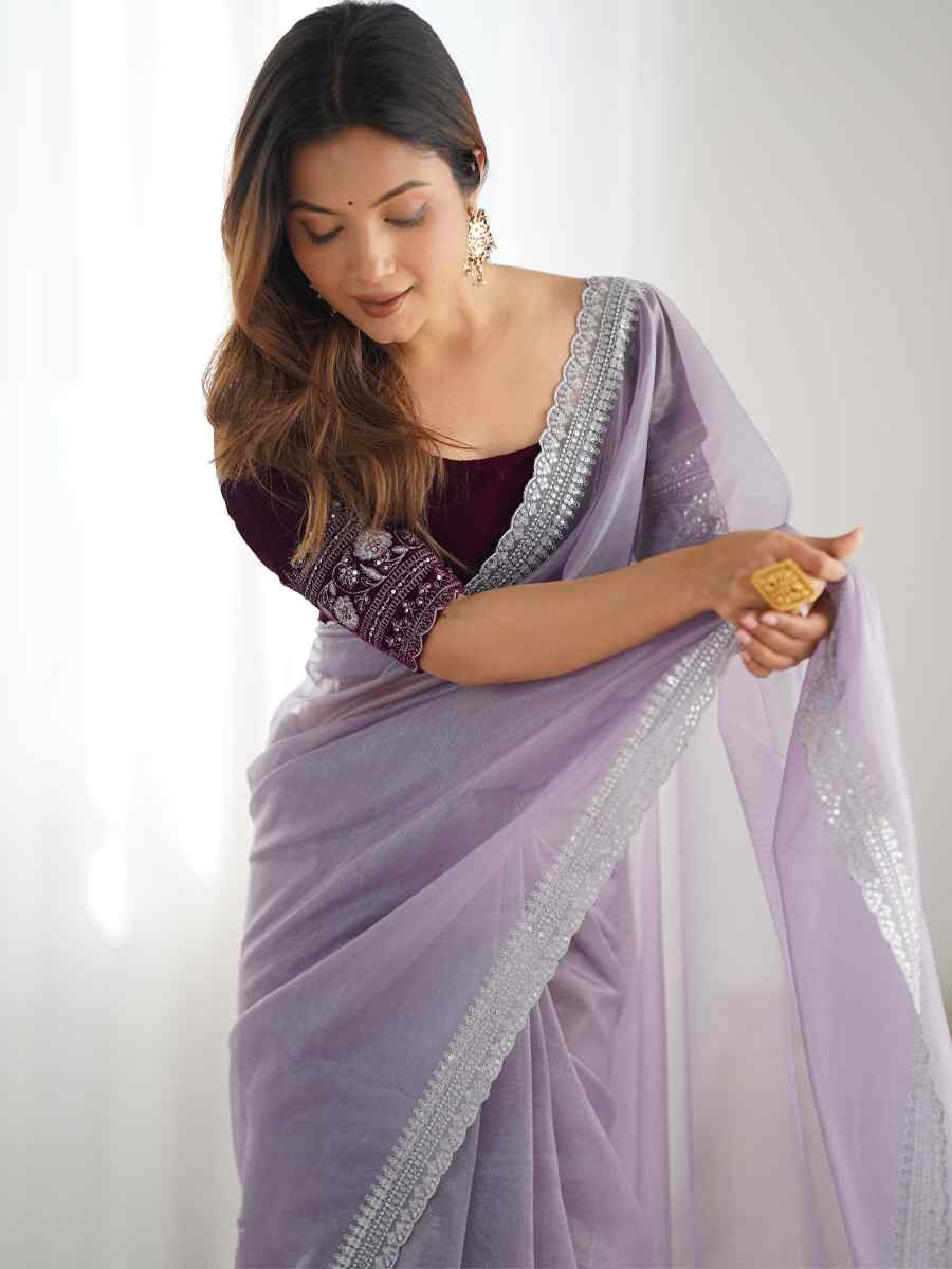 Lavender Twill Net Embroidered Festival Wedding Fancy Heavy Border Saree