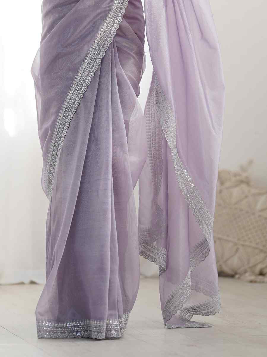 Lavender Twill Net Embroidered Festival Wedding Fancy Heavy Border Saree