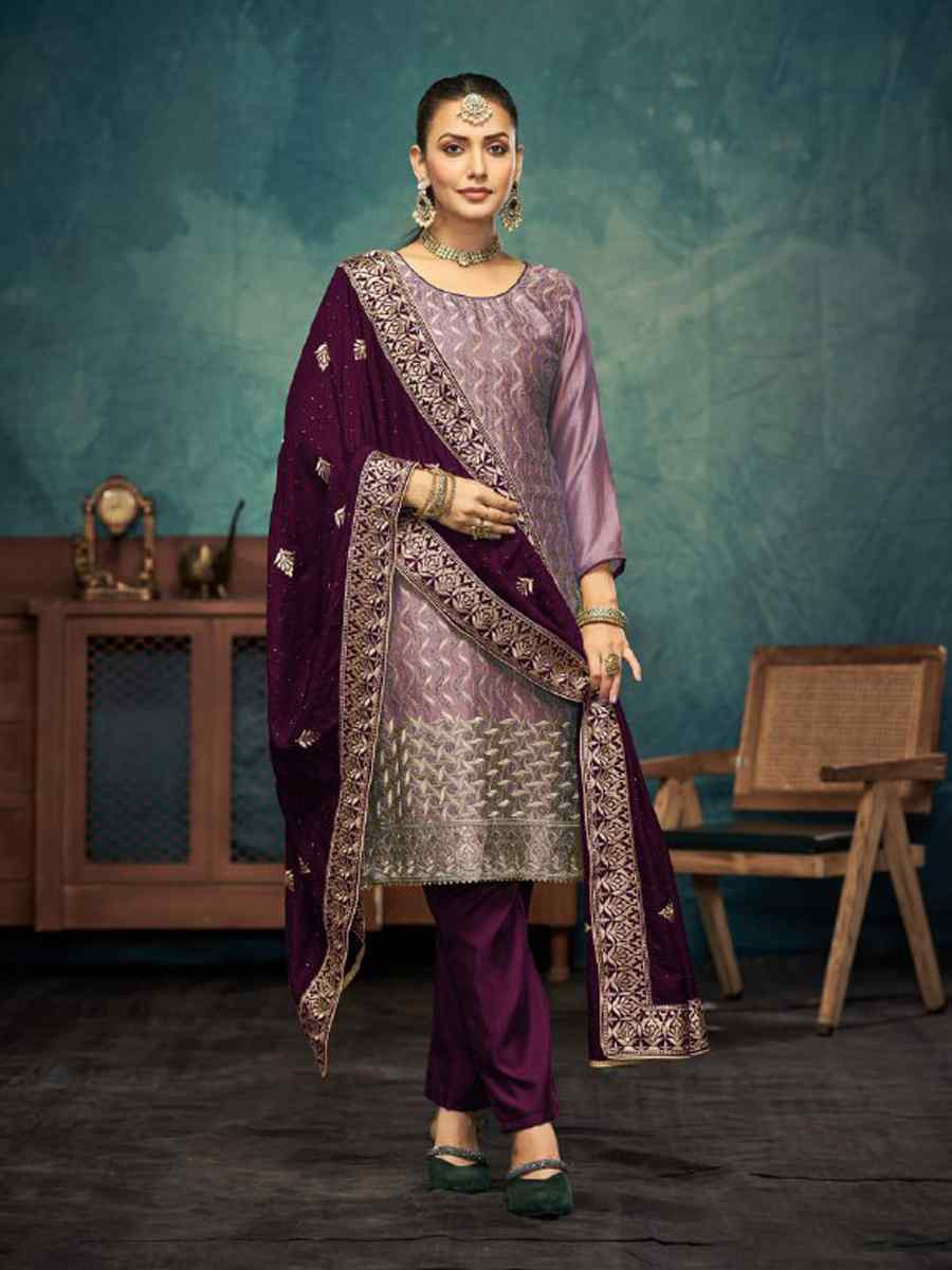 Lavender Vichitra Embroidered Festival Wedding Pant Salwar Kameez