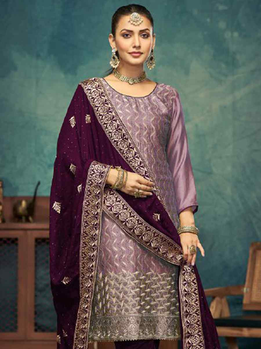 Lavender Vichitra Embroidered Festival Wedding Pant Salwar Kameez