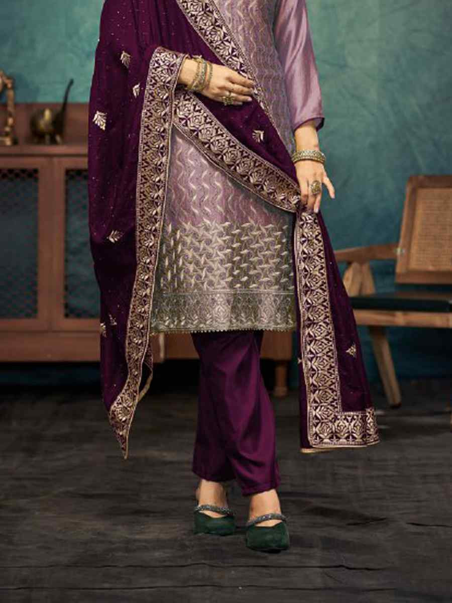 Lavender Vichitra Embroidered Festival Wedding Pant Salwar Kameez