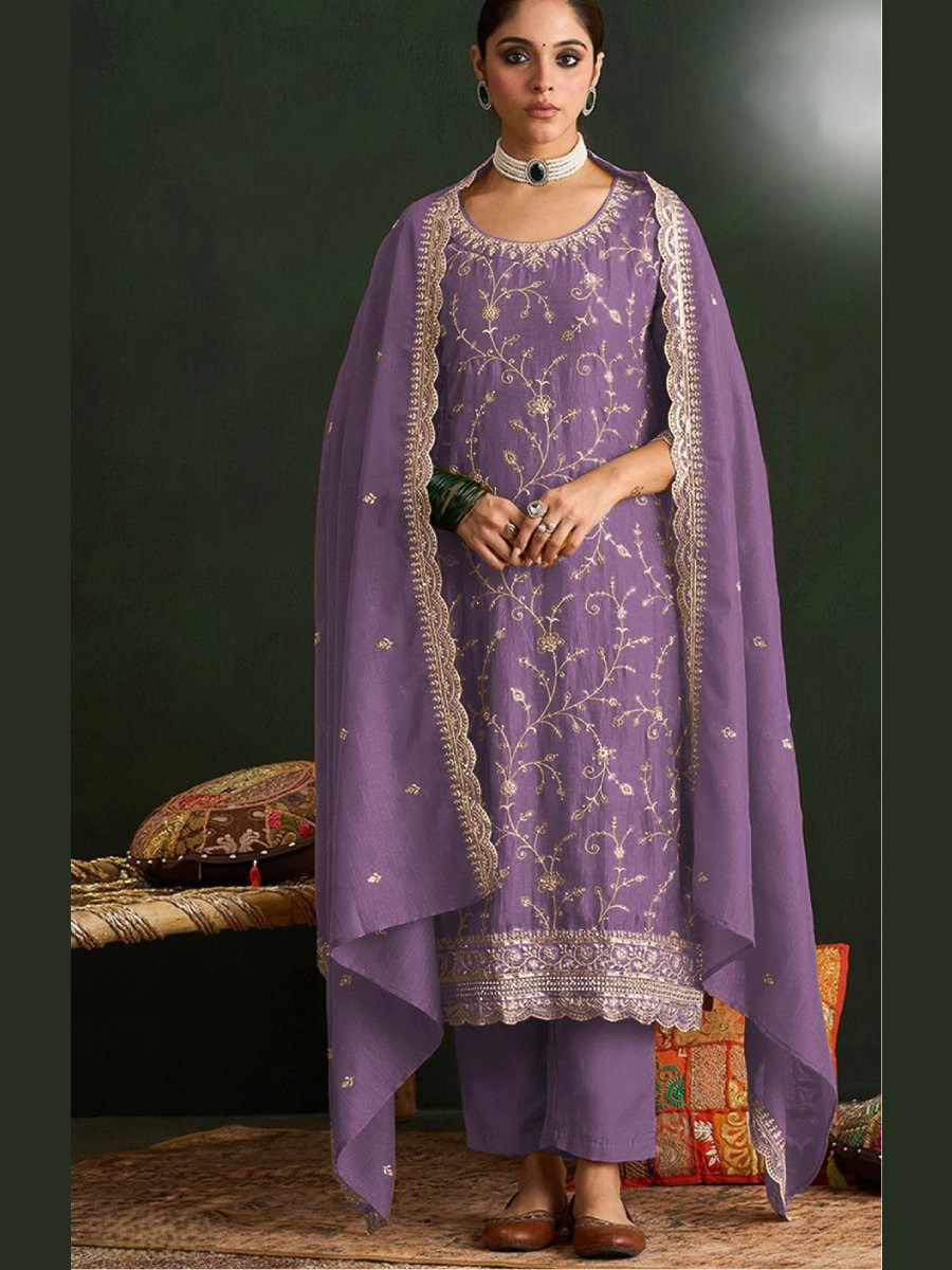 Lavender Vichitra Embroidery Zari Sequins Wedding Party Festival Casual Palazzo Pant Salwar Kameez