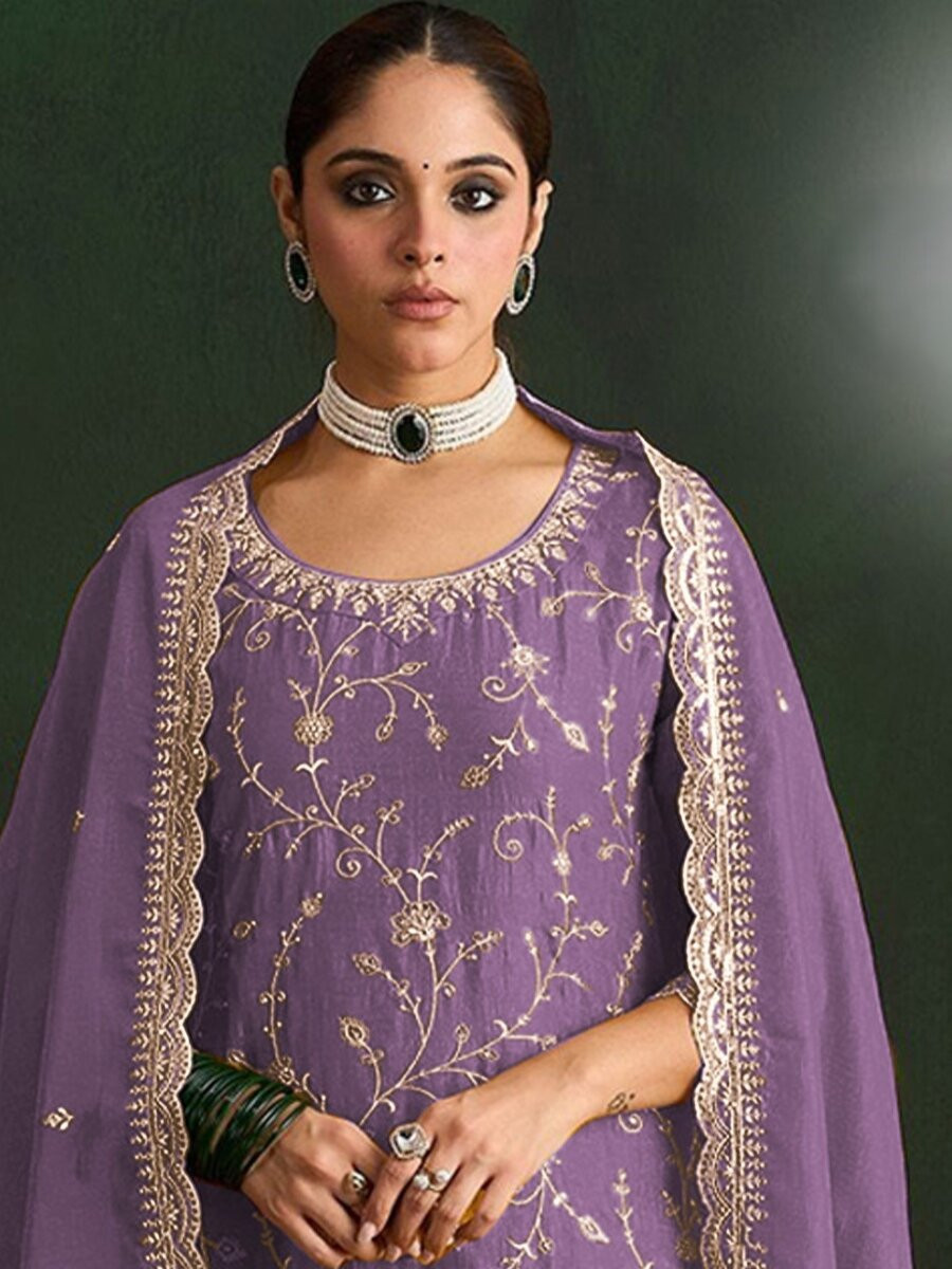 Lavender Vichitra Embroidery Zari Sequins Wedding Party Festival Casual Palazzo Pant Salwar Kameez
