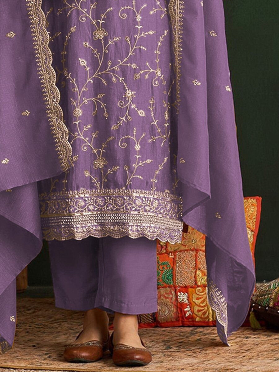 Lavender Vichitra Embroidery Zari Sequins Wedding Party Festival Casual Palazzo Pant Salwar Kameez