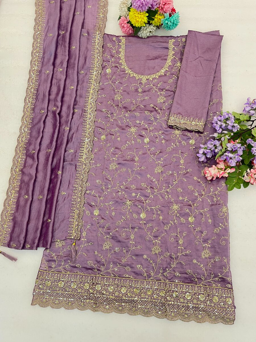 Lavender Vichitra Embroidery Zari Sequins Wedding Party Festival Casual Palazzo Pant Salwar Kameez