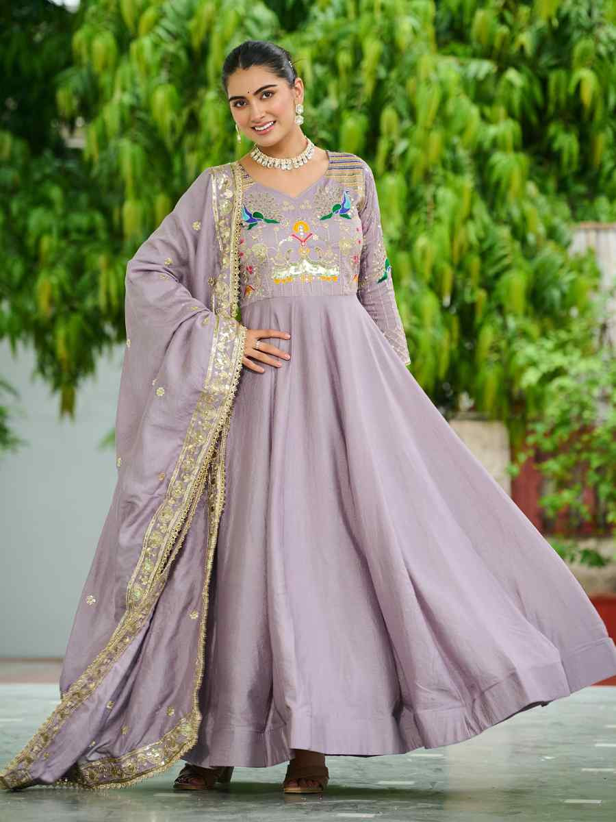 Lavender Vichitra Silk Embroidered Festival Casual Gown Women Wear