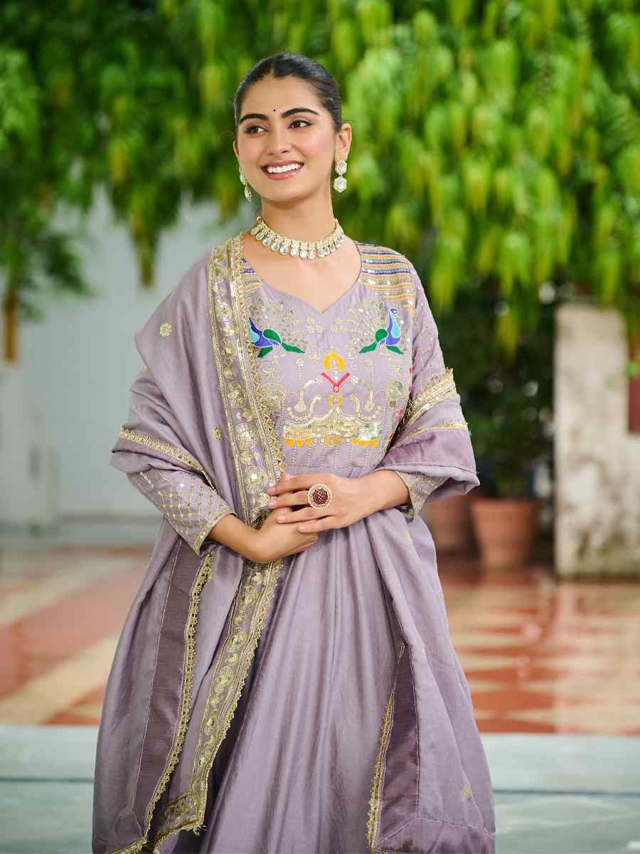 Lavender Vichitra Silk Embroidered Festival Casual Gown Women Wear