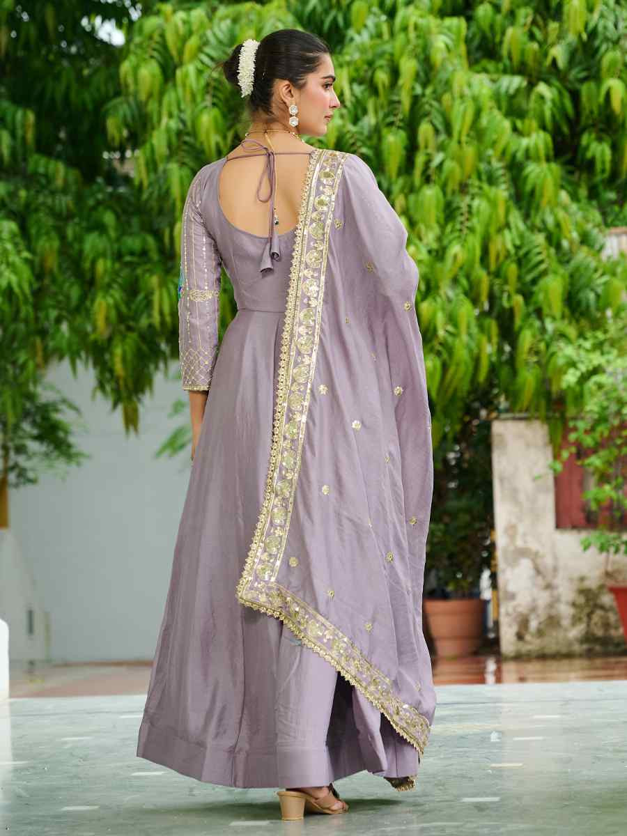 Lavender Vichitra Silk Embroidered Festival Casual Gown Women Wear
