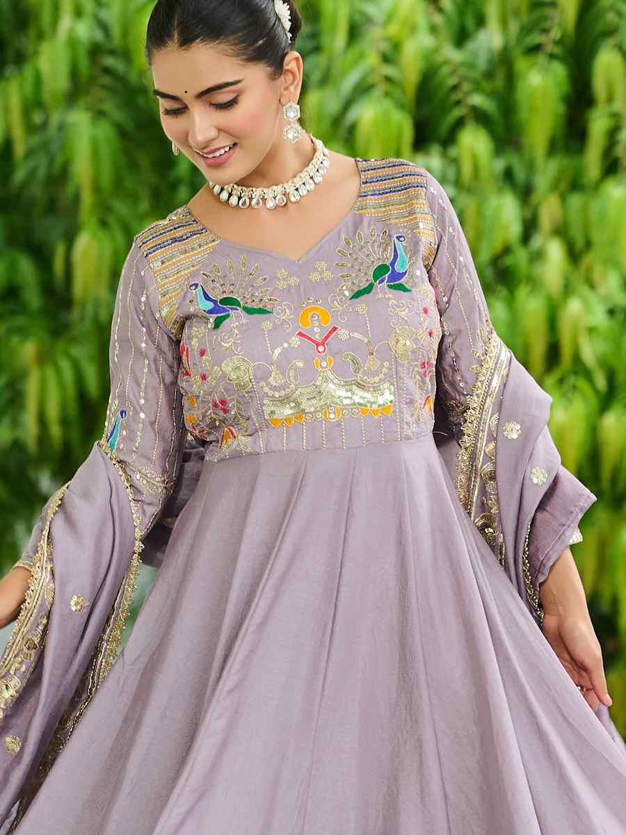 Lavender Vichitra Silk Embroidered Festival Casual Gown Women Wear