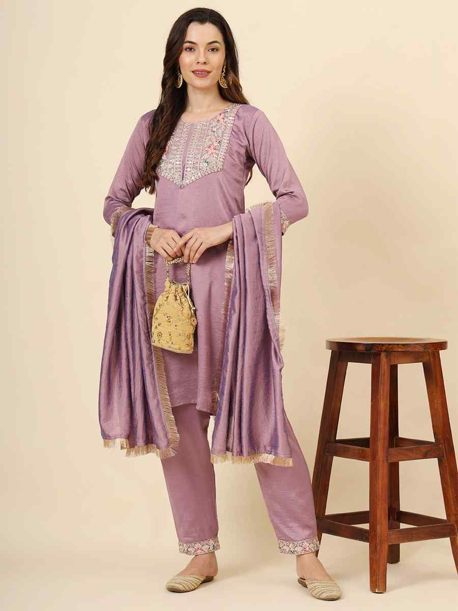 Lavender Vichitra Silk Embroidered Party Wedding Ready Pant Salwar Kameez