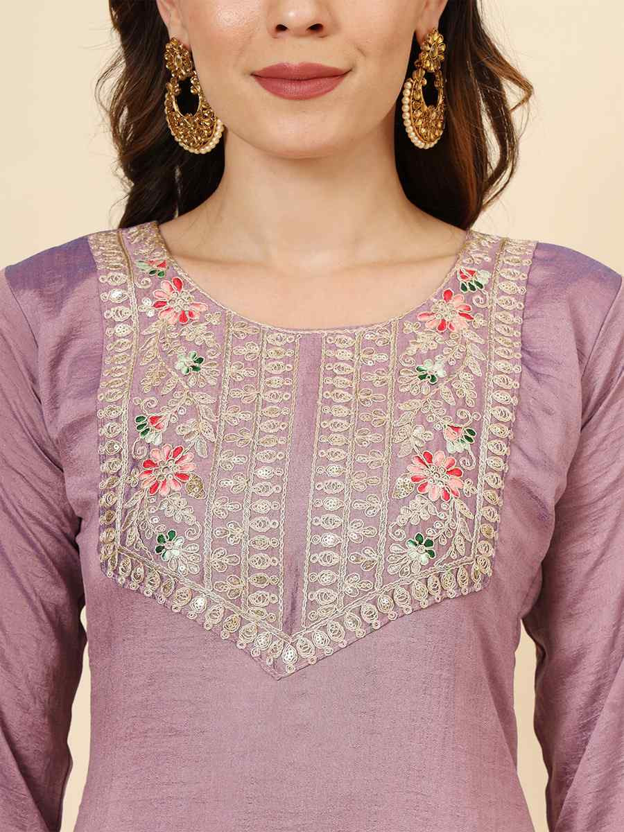 Lavender Vichitra Silk Embroidered Party Wedding Ready Pant Salwar Kameez