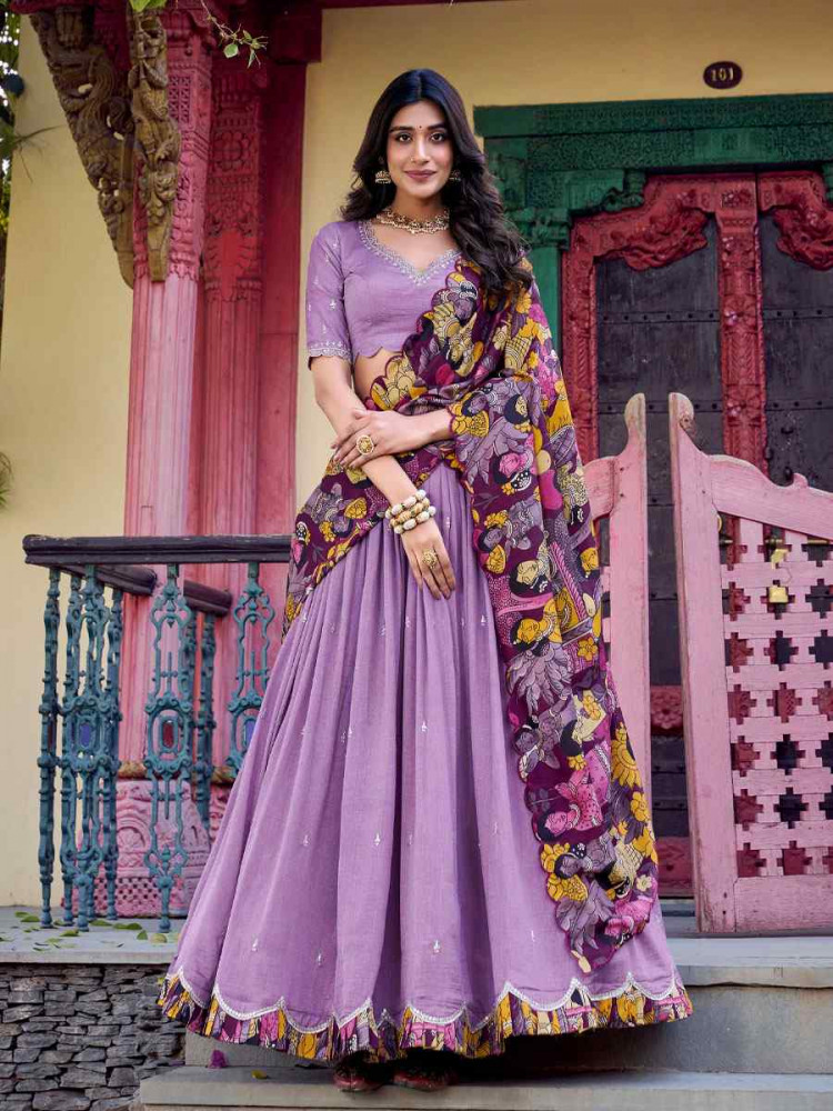 Lavender Vichitra Silk Printed And Hand Embroidered Party Reception Wedding Lehenga Choli