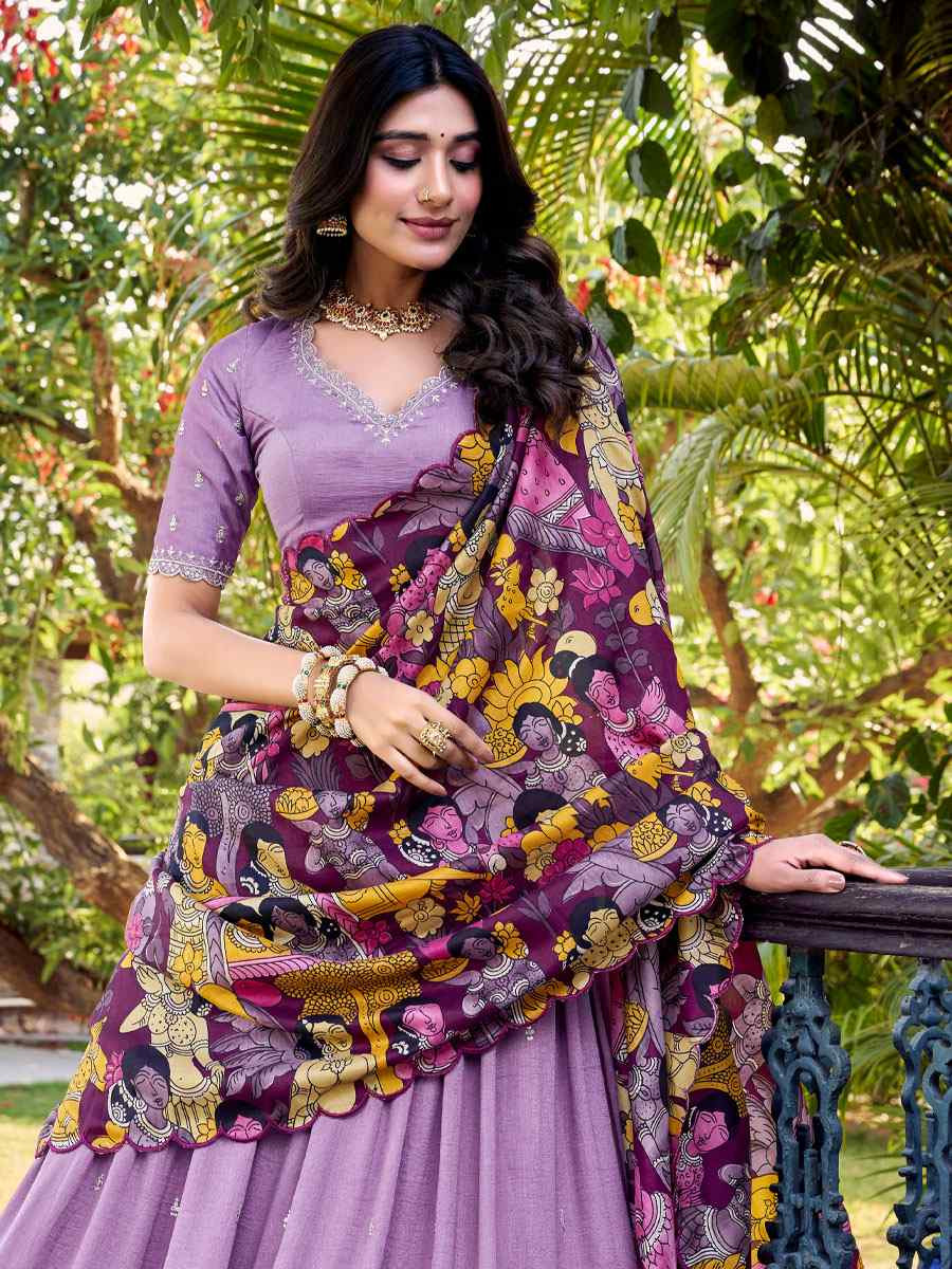 Lavender Vichitra Silk Printed And Hand Embroidered Party Reception Wedding Lehenga Choli