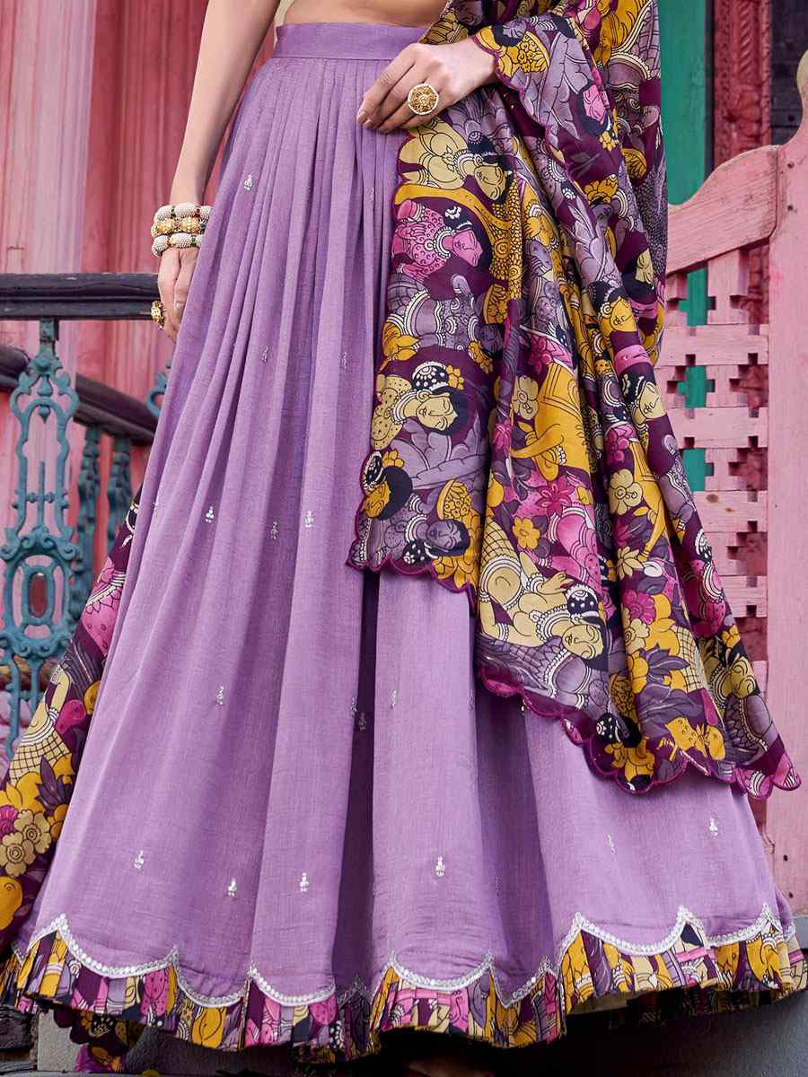 Lavender Vichitra Silk Printed And Hand Embroidered Party Reception Wedding Lehenga Choli