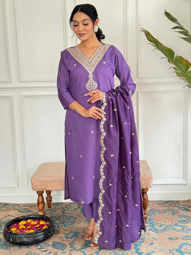 Lavender Viscose Chanderi Embroidered Festival Casual Ready Pant Salwar Kameez