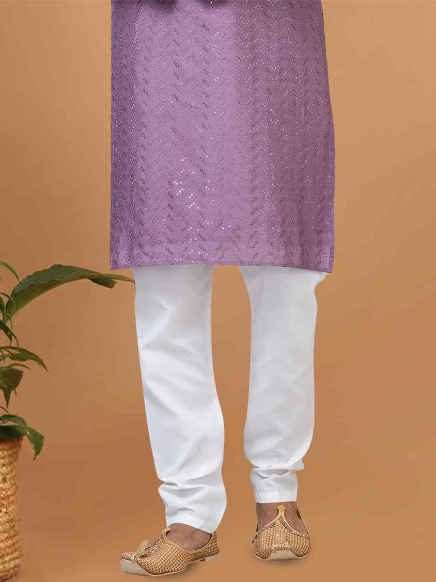 Lavender Viscose Cotton Embroidered Festival Wedding Kurta