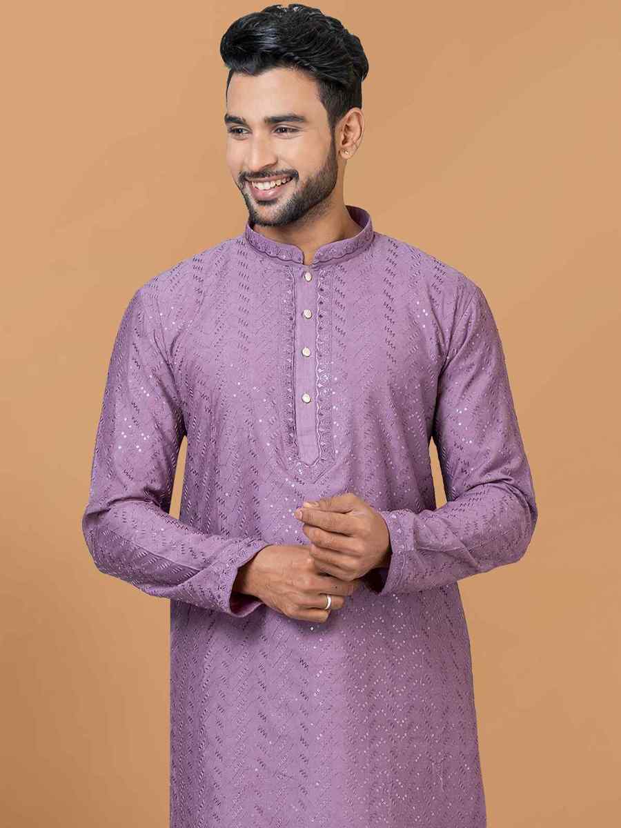 Lavender Viscose Cotton Embroidered Festival Wedding Kurta