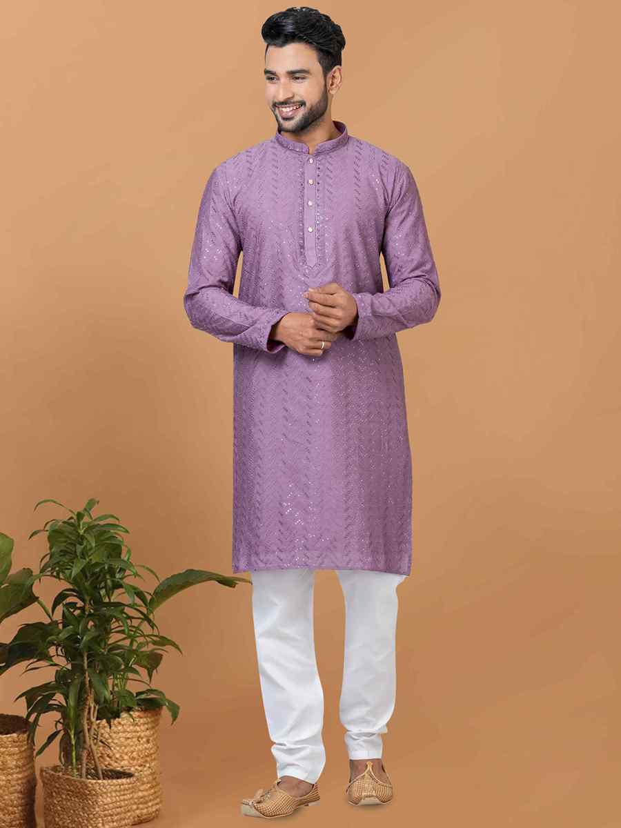 Lavender Viscose Cotton Embroidered Festival Wedding Kurta