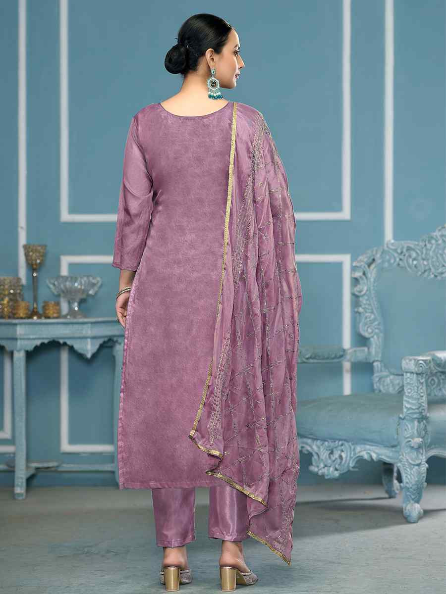 Lavender Viscose Organza Embroidered Wedding Festival Pant Salwar Kameez