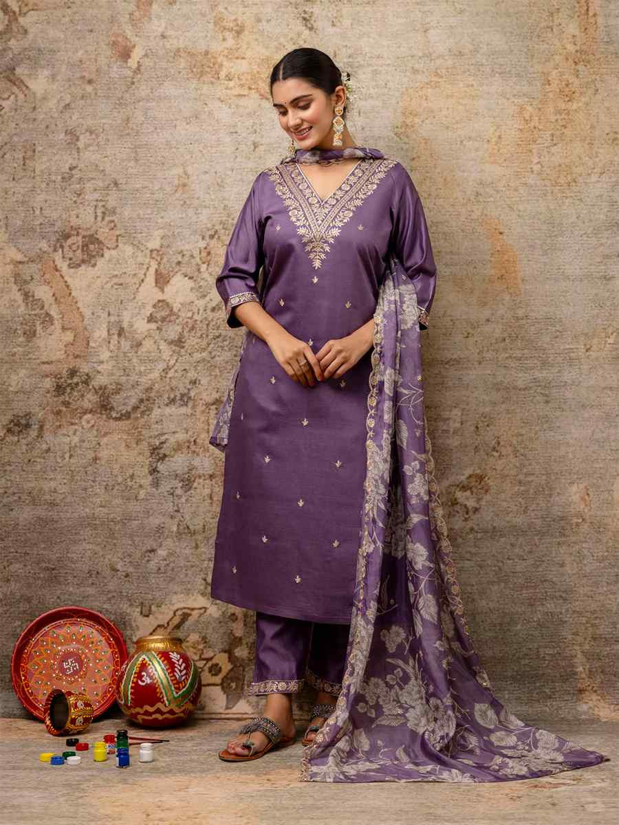 Lavender Viscose Rayon Embroidered Mehendi Wedding Ready Pant Salwar Kameez