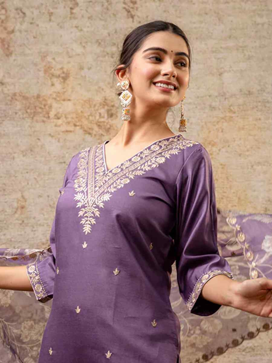 Lavender Viscose Rayon Embroidered Mehendi Wedding Ready Pant Salwar Kameez