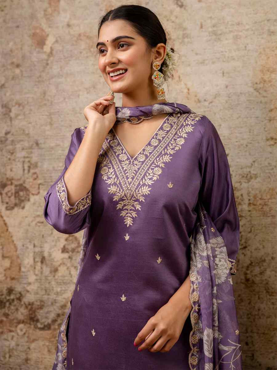 Lavender Viscose Rayon Embroidered Mehendi Wedding Ready Pant Salwar Kameez