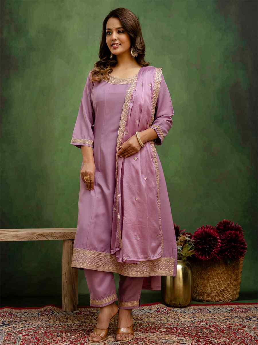 Lavender Viscose Rayon Embroidery Party Wedding Festival Casual Ready Anarkali Salwar Kameez