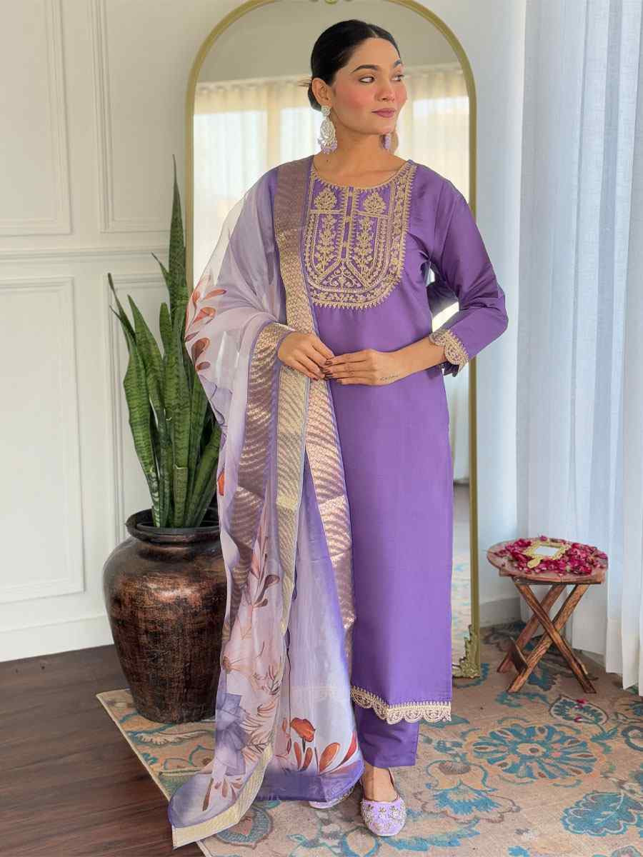 Lavender Viscose Rayon Embroidery Party Wedding Festival Casual Ready Pant Salwar Kameez