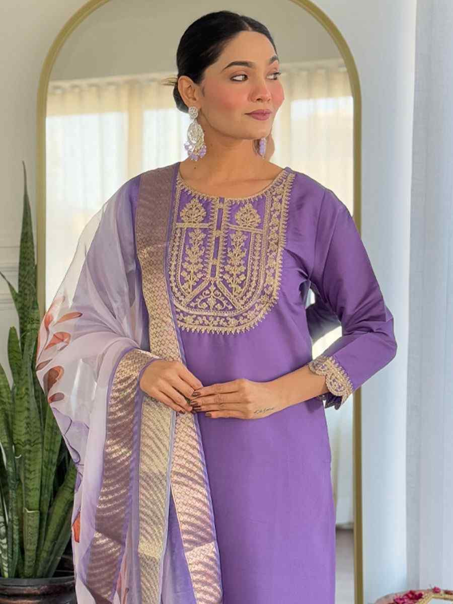 Lavender Viscose Rayon Embroidery Party Wedding Festival Casual Ready Pant Salwar Kameez