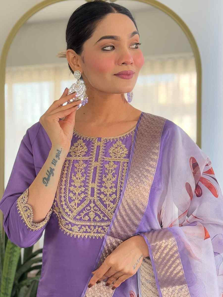 Lavender Viscose Rayon Embroidery Party Wedding Festival Casual Ready Pant Salwar Kameez