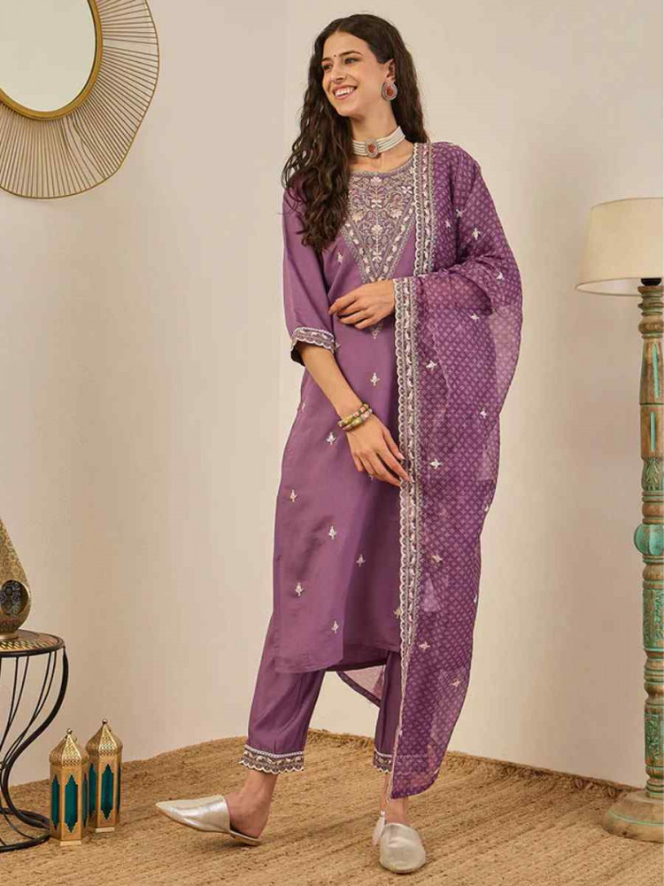 Image of Lavender Viscose Rayon Plain with Embroidery Party Wedding Festival Casual Ready Pant Salwar Kameez